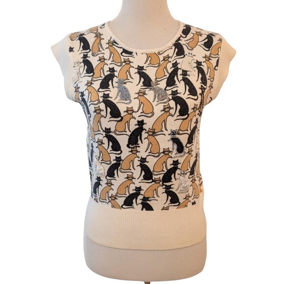 Jessica By Christopher L Womens Size M Allover Kitty Cat Beaded Print Vest Top - Picture 2 of 10